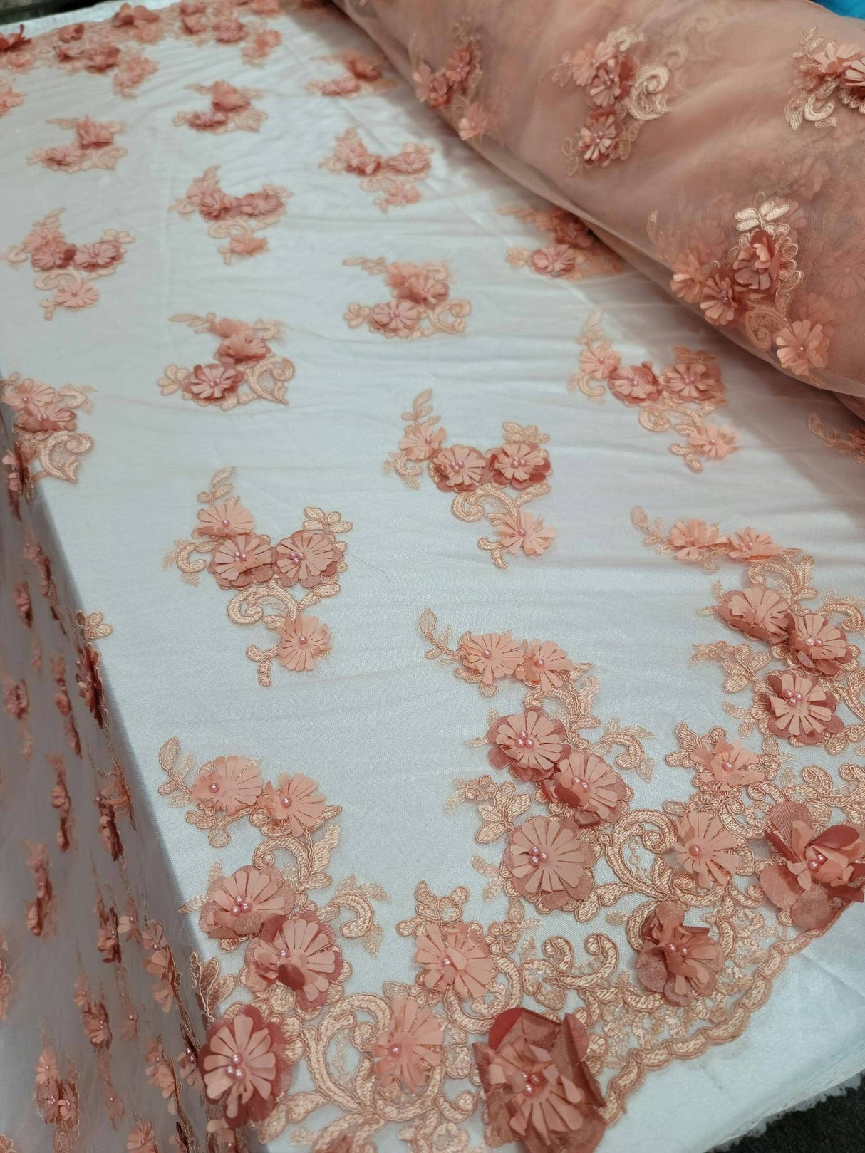 3D Floral Lace Peach Beaded Embroidered Mesh