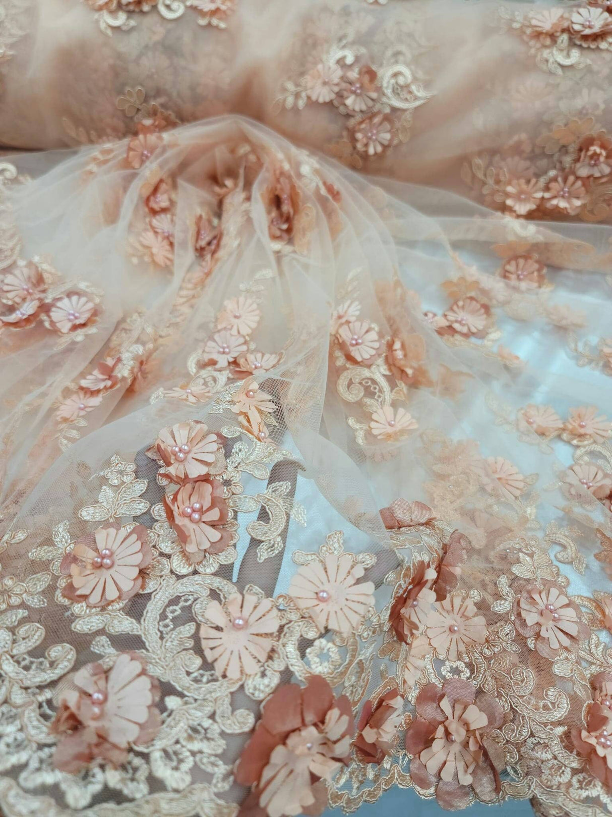 3D Floral Lace Peach Beaded Embroidered Mesh