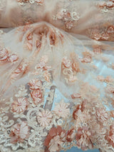 3D Floral Lace Peach Beaded Embroidered Mesh