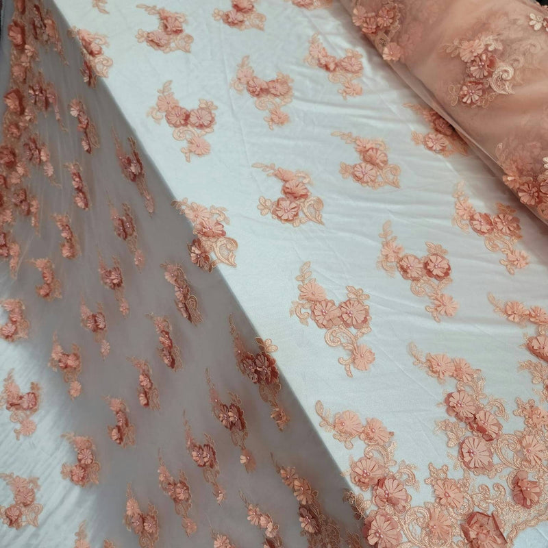 3D Floral Lace Peach Beaded Embroidered Mesh