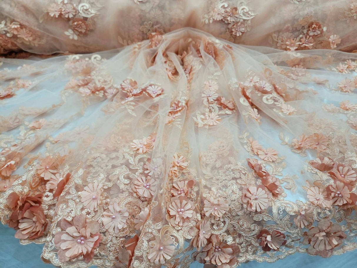 3D Floral Lace Peach Beaded Embroidered Mesh