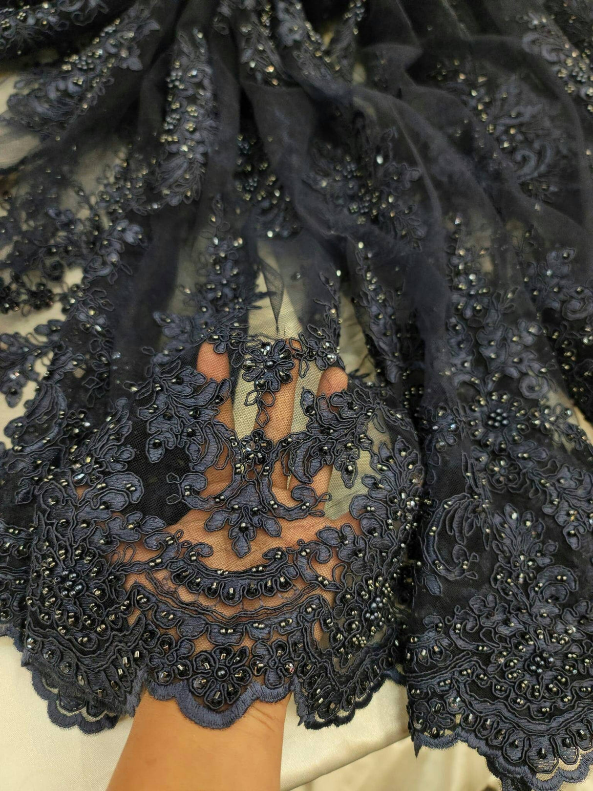 Beaded Lace Embroidery Navy Blue
