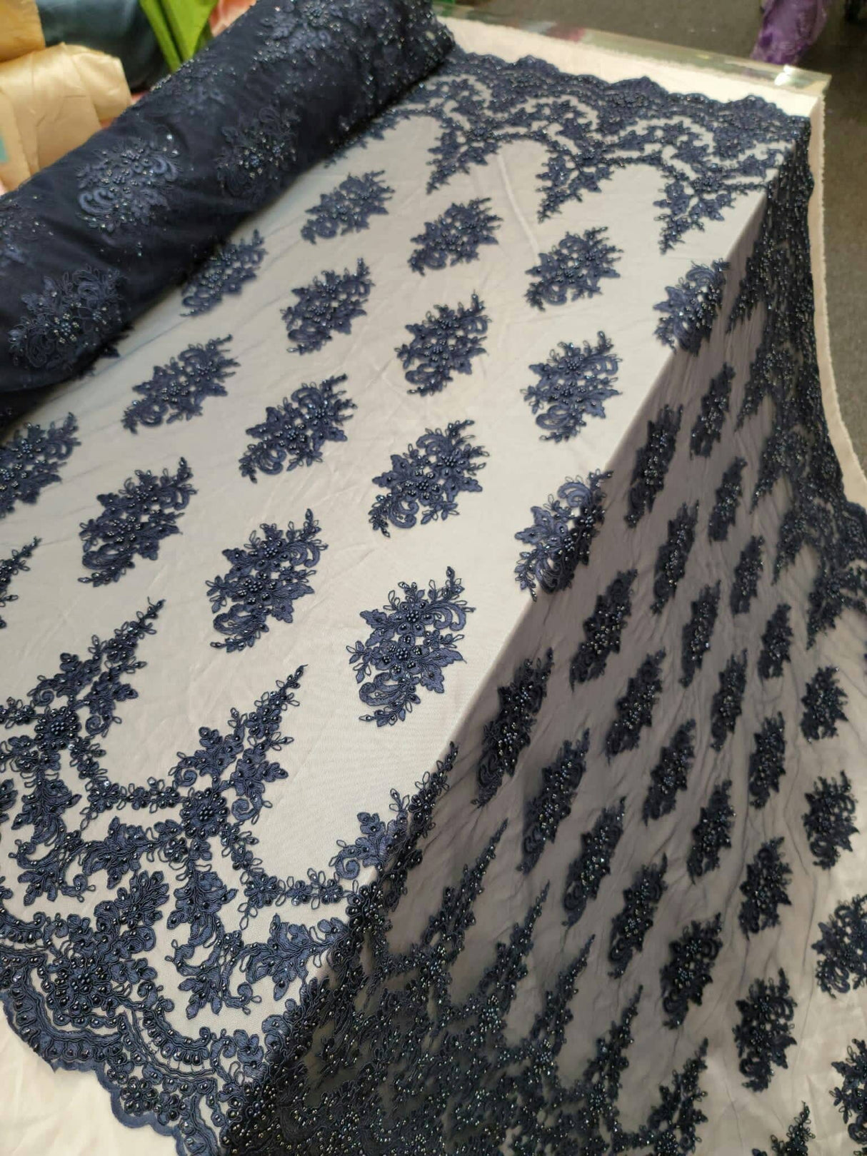 Beaded Lace Embroidery Navy Blue
