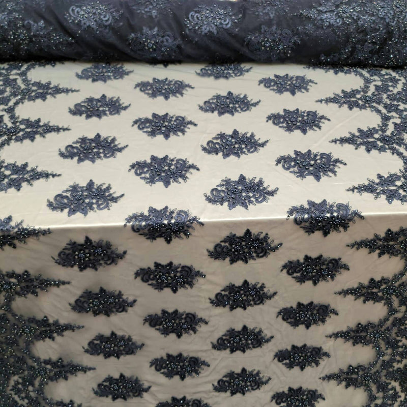 Beaded Lace Embroidery Navy Blue