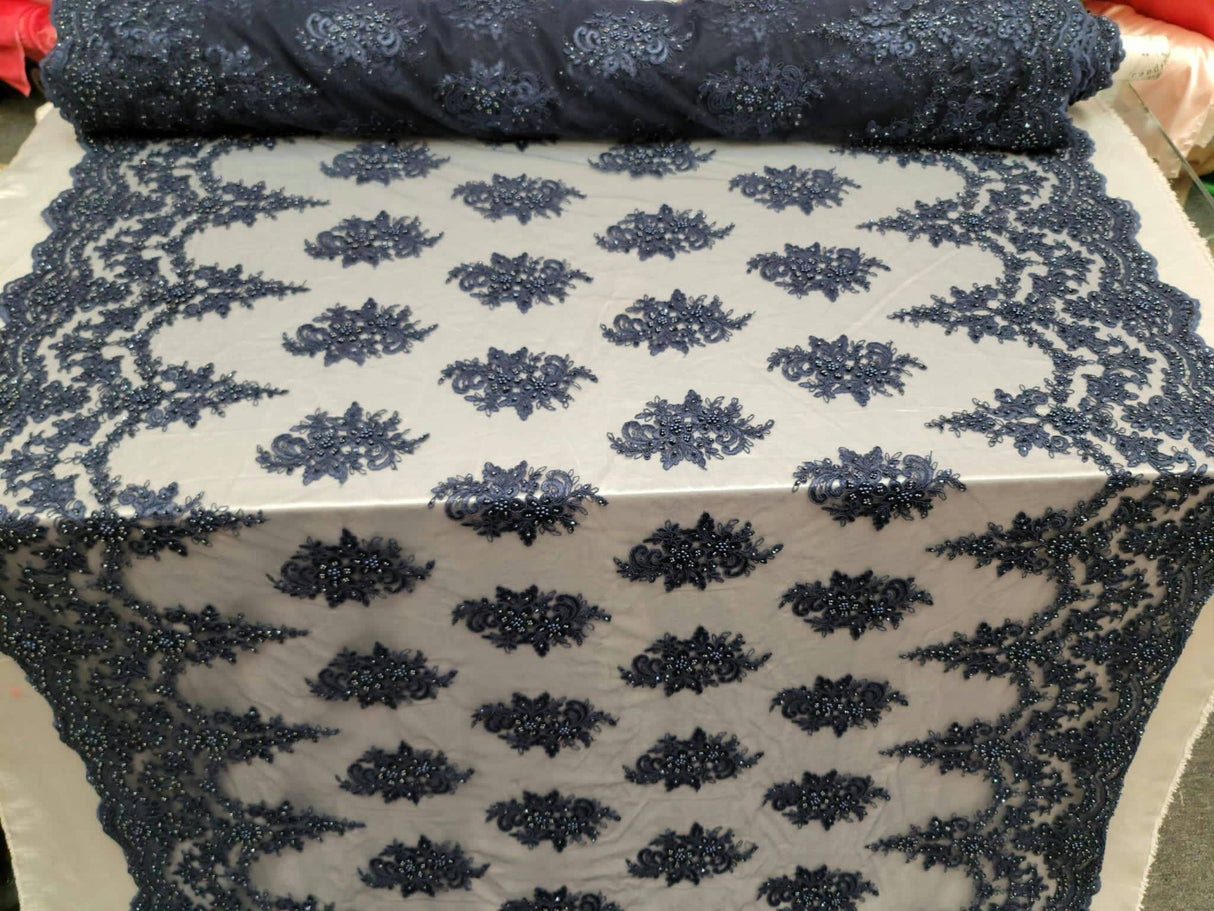 Beaded Lace Embroidery Navy Blue