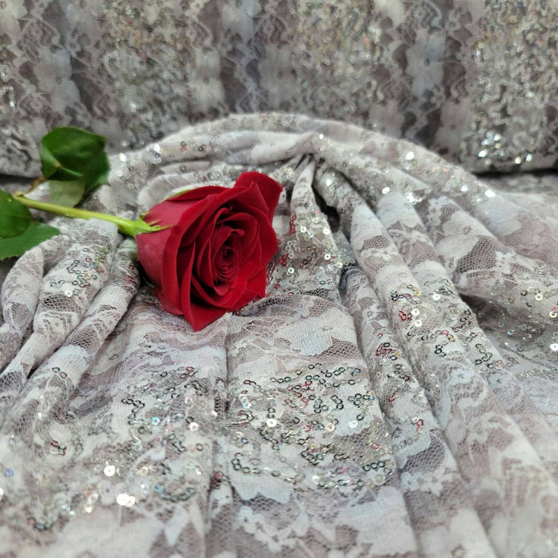 Stretch Lace Floral Flowers Embroidered Silver Sequin Fabric Lavender Pink