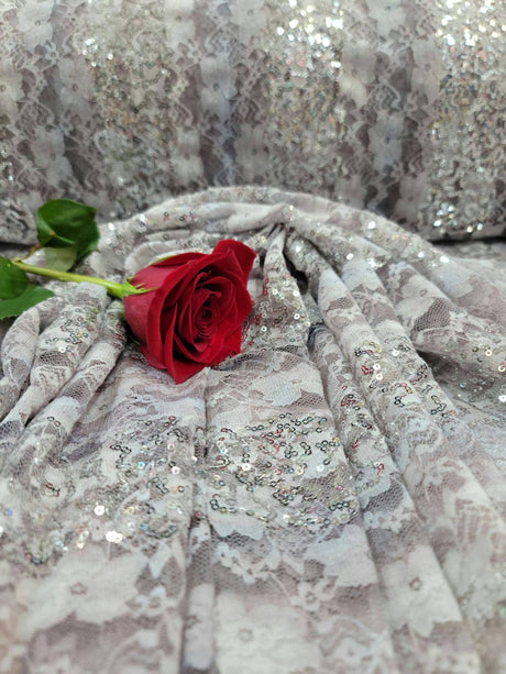 Stretch Lace Floral Flowers Embroidered Silver Sequin Fabric Lavender Pink
