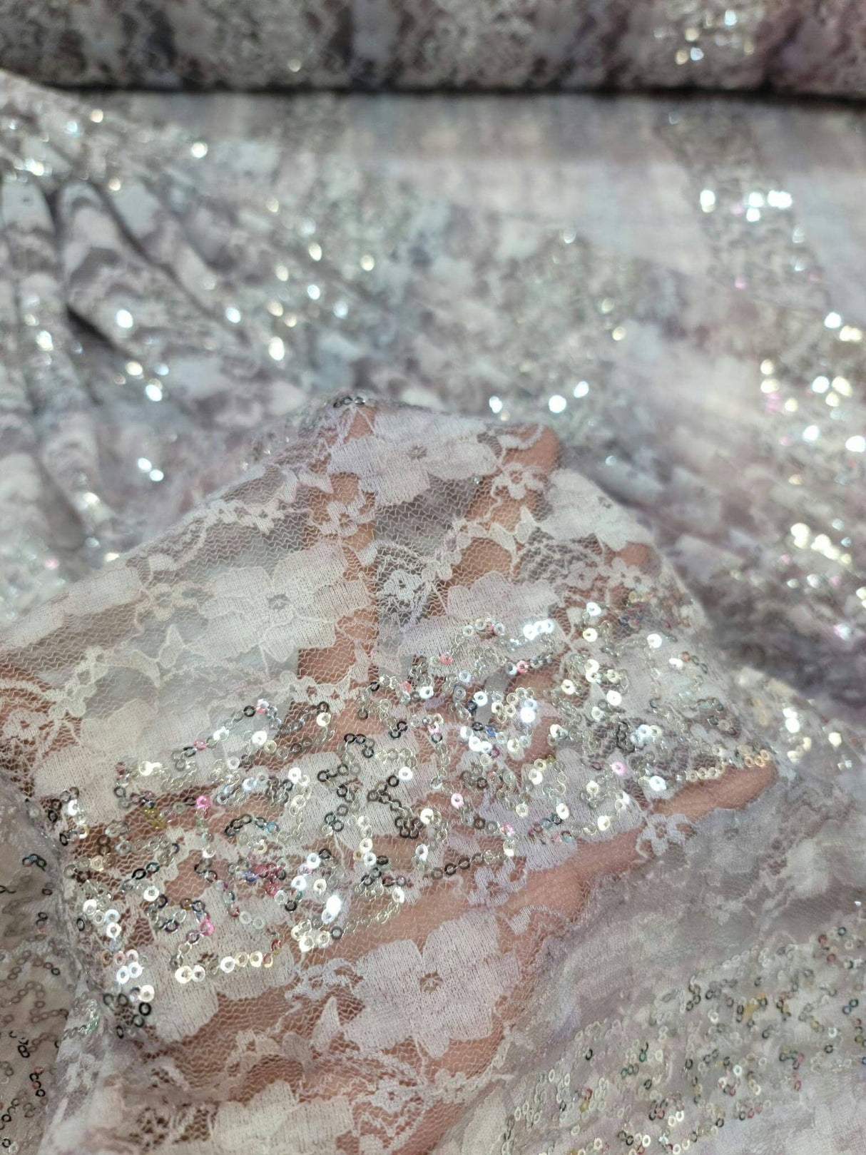 Stretch Lace Floral Flowers Embroidered Silver Sequin Fabric Lavender Pink