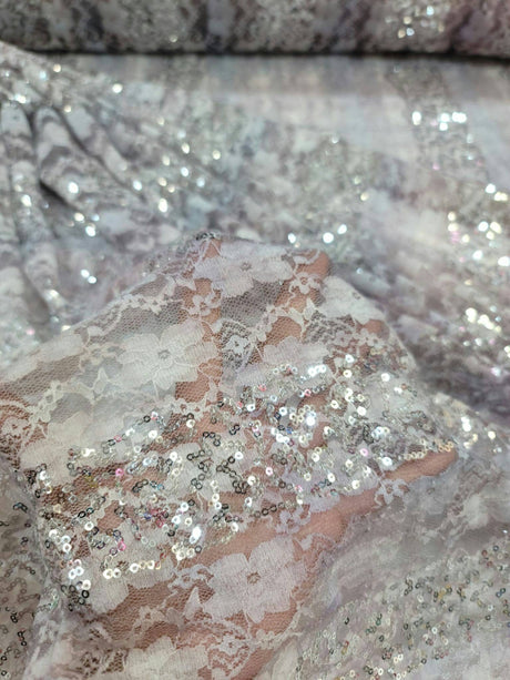 Stretch Lace Floral Flowers Embroidered Silver Sequin Fabric Lavender Pink
