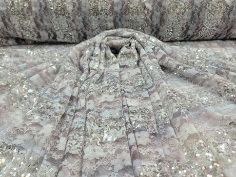 Stretch Lace Floral Flowers Embroidered Silver Sequin Fabric Lavender Pink