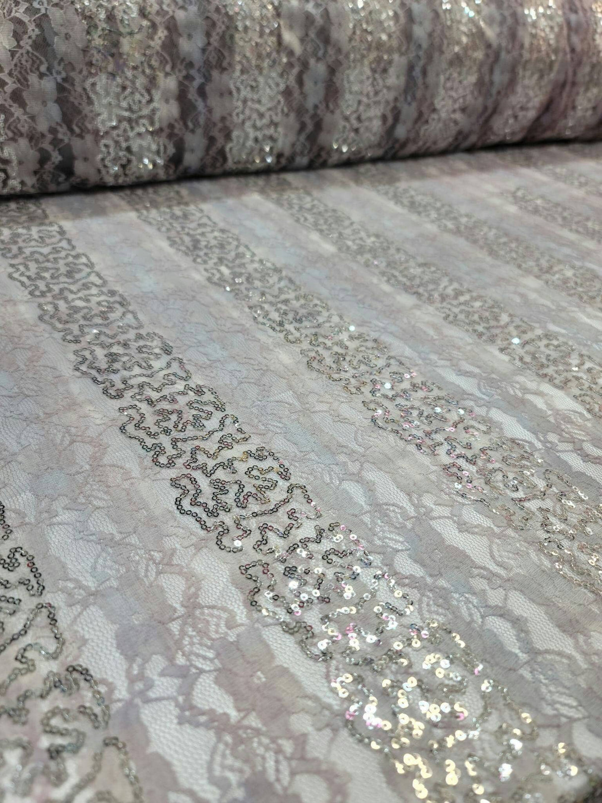 Stretch Lace Floral Flowers Embroidered Silver Sequin Fabric Lavender Pink