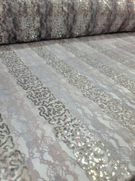 Stretch Lace Floral Flowers Embroidered Silver Sequin Fabric Lavender Pink