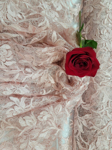 Blush Embroidery Lace Guipure Floral Flowers Clear Sequin Mesh