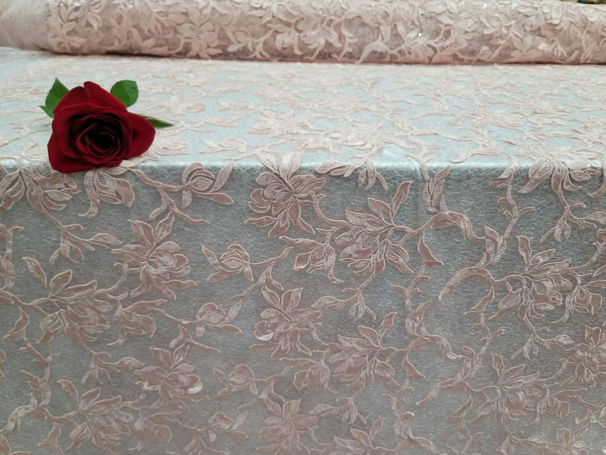 Blush Embroidery Lace Guipure Floral Flowers Clear Sequin Mesh