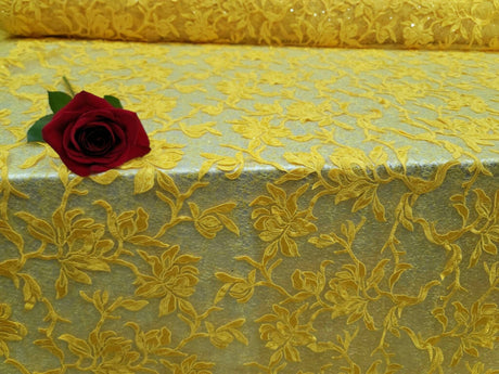 Embroidered Lace Guipure Floral Sequin Mesh Yellow