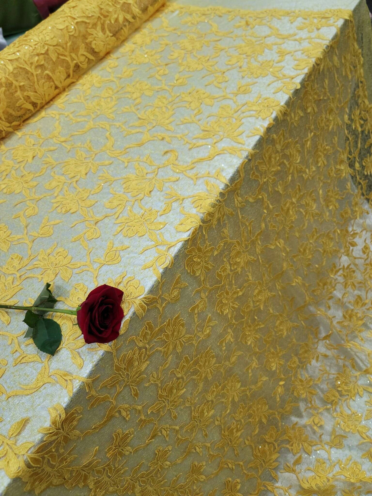 Embroidered Lace Guipure Floral Sequin Mesh Yellow