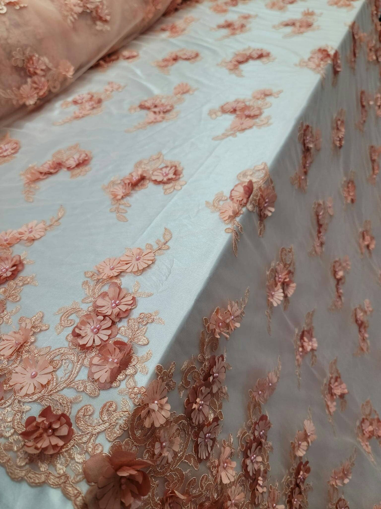 3D Floral Lace Peach Beaded Embroidered Mesh