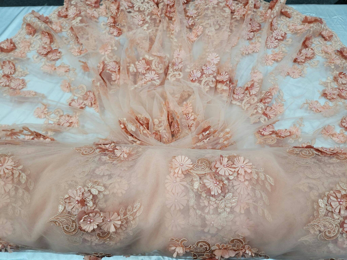 3D Floral Lace Peach Beaded Embroidered Mesh