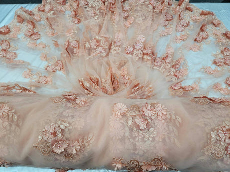 3D Floral Lace Peach Beaded Embroidered Mesh