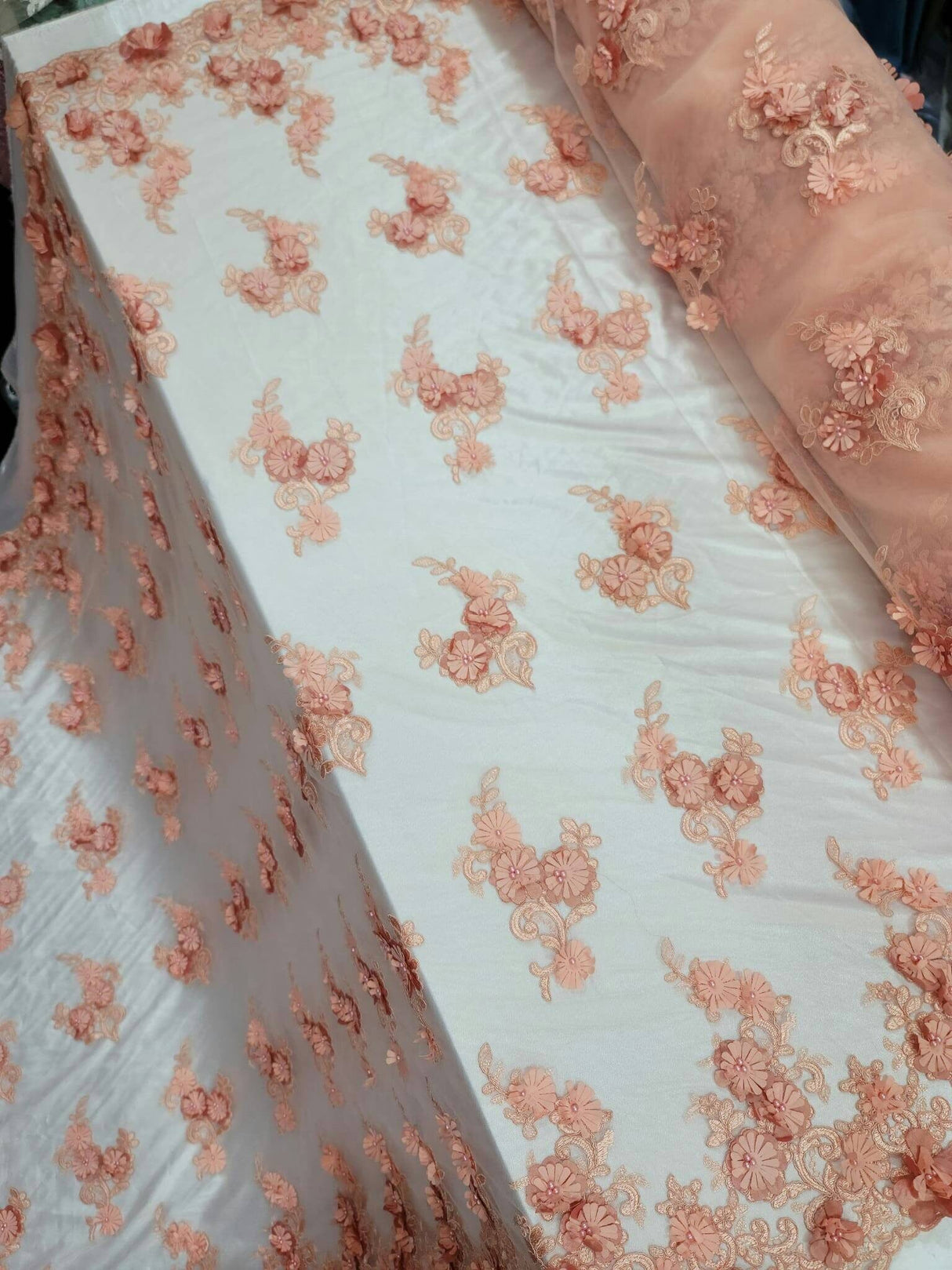 3D Floral Lace Peach Beaded Embroidered Mesh