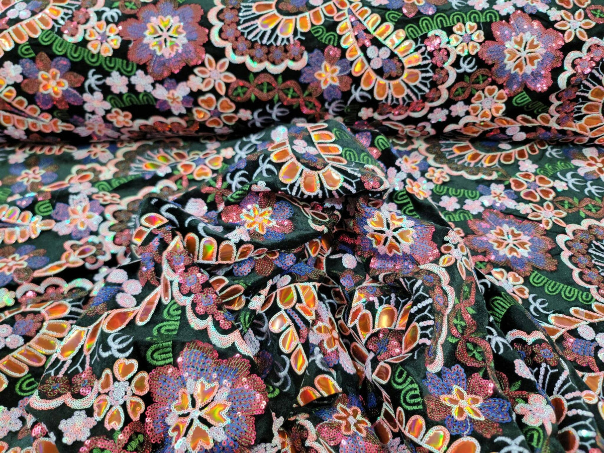 Sequin Embroidery Lace on Black Velvet