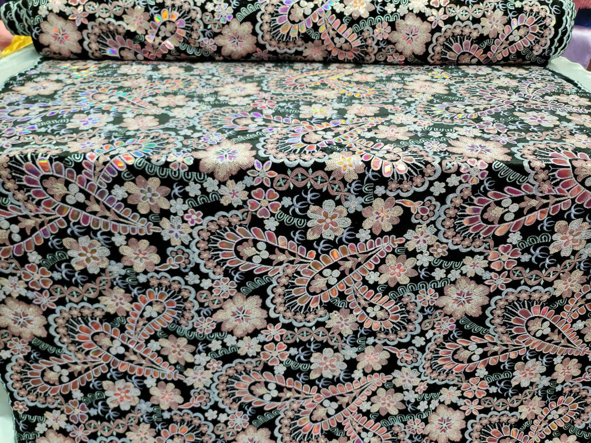 Embroidered Floral Sequin Lace on Black Velvet