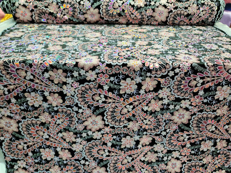 Embroidered Floral Sequin Lace on Black Velvet