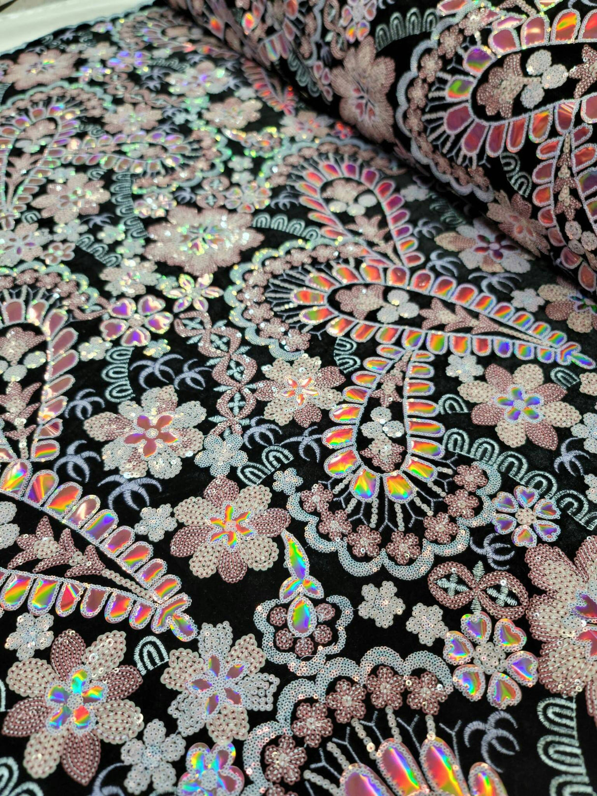Embroidered Floral Sequin Lace on Black Velvet