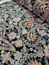 Embroidered Floral Sequin Lace on Black Velvet