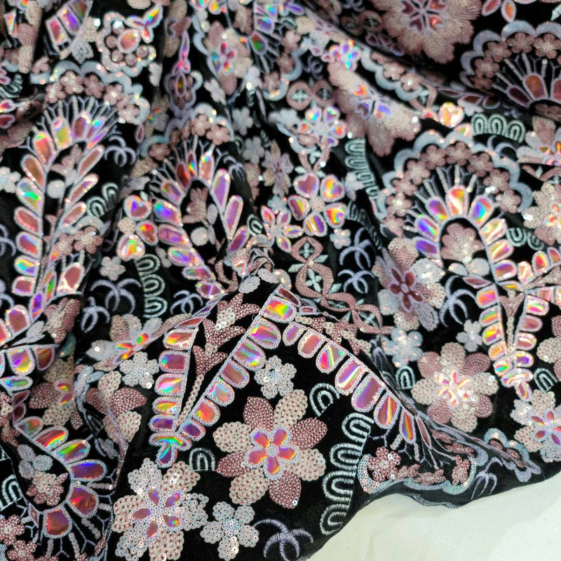 Embroidered Floral Sequin Lace on Black Velvet