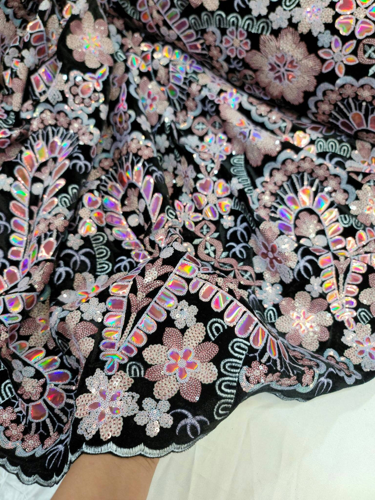 Embroidered Floral Sequin Lace on Black Velvet