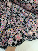 Embroidered Floral Sequin Lace on Black Velvet
