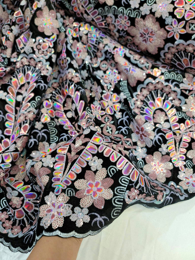 Embroidered Floral Sequin Lace on Black Velvet