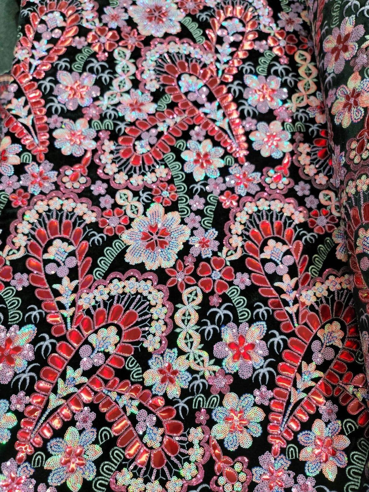 Stretch Velvet Red Iridescent Sequin Floral Fabric