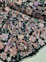 Embroidered Floral Sequin Lace on Black Velvet