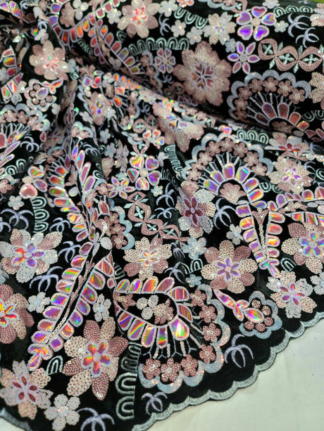 Embroidered Floral Sequin Lace on Black Velvet