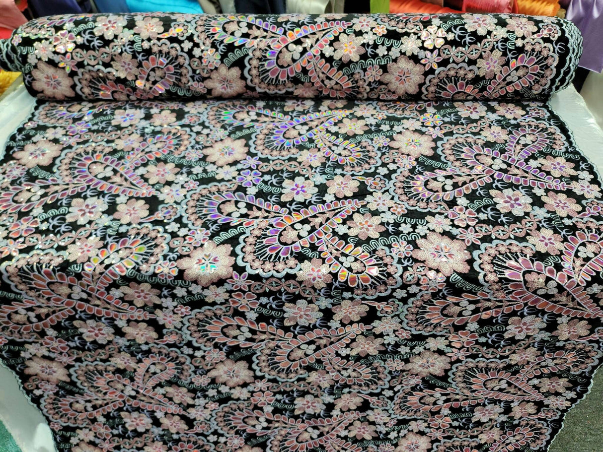 Embroidered Floral Sequin Lace on Black Velvet