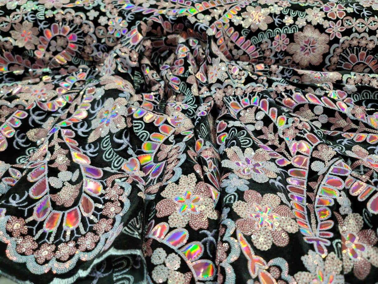 Embroidered Floral Sequin Lace on Black Velvet