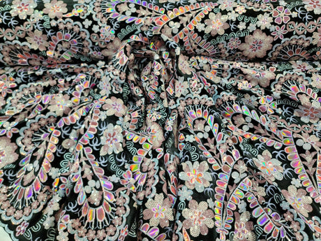 Embroidered Floral Sequin Lace on Black Velvet