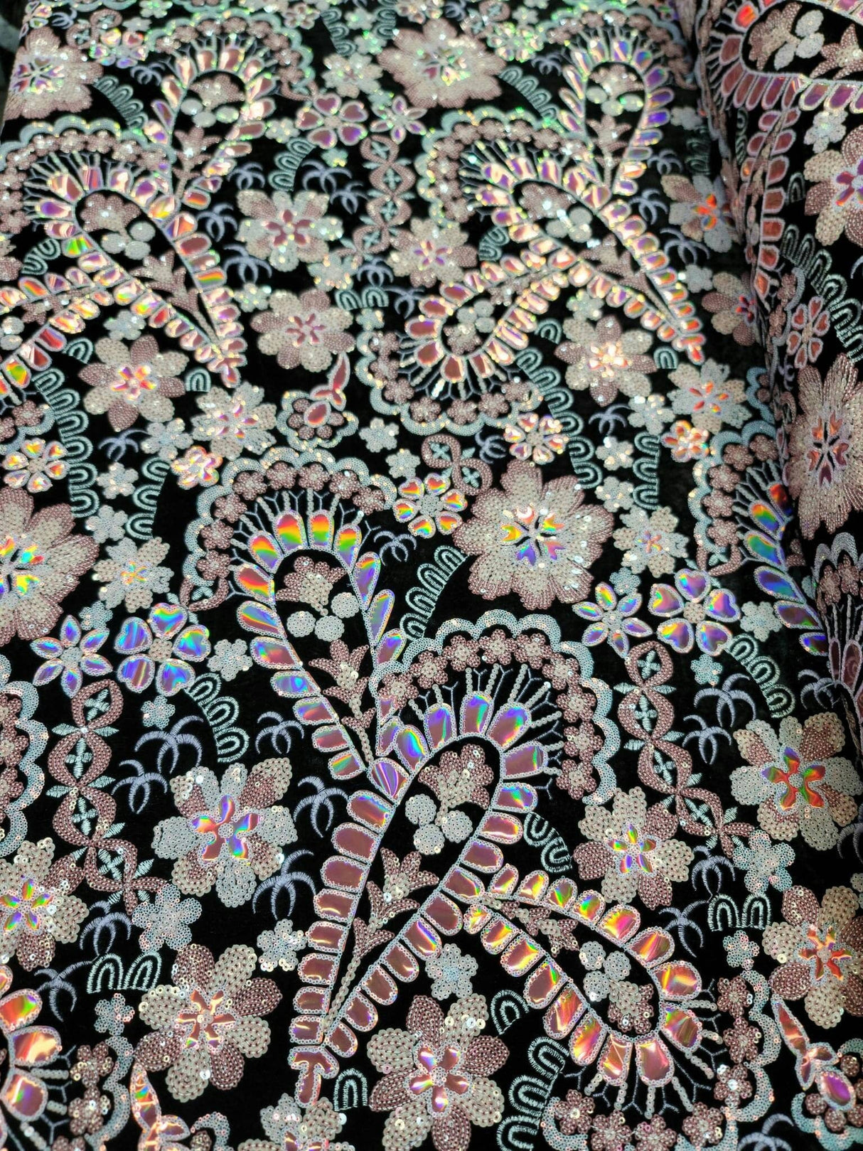 Embroidered Floral Sequin Lace on Black Velvet