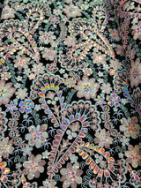 Embroidered Floral Sequin Lace on Black Velvet