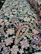 Embroidered Floral Sequin Lace on Black Velvet