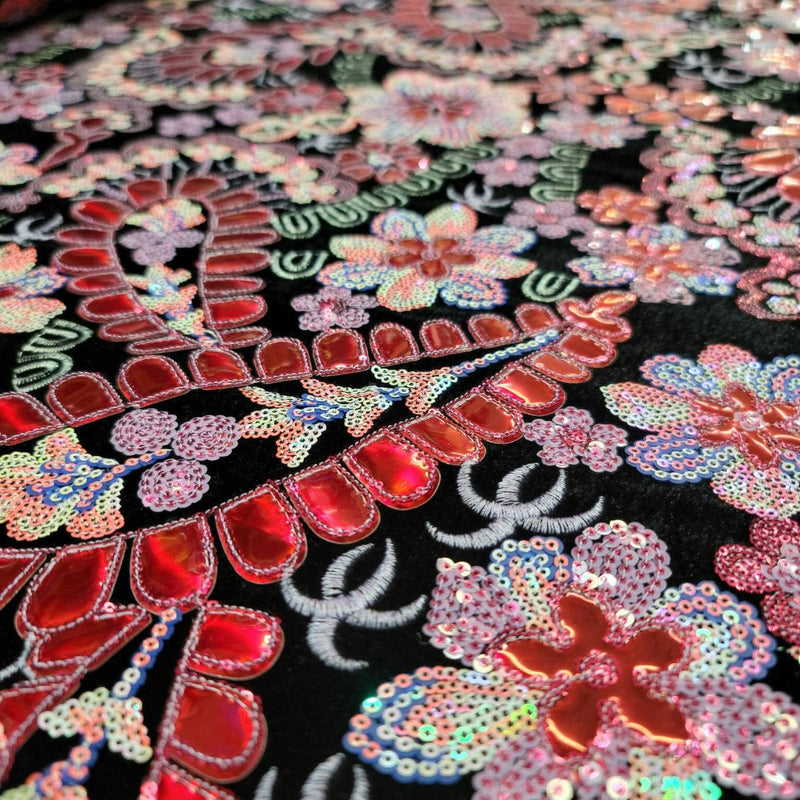 Stretch Velvet Red Iridescent Sequin Floral Fabric