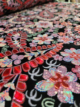 Stretch Velvet Red Iridescent Sequin Floral Fabric