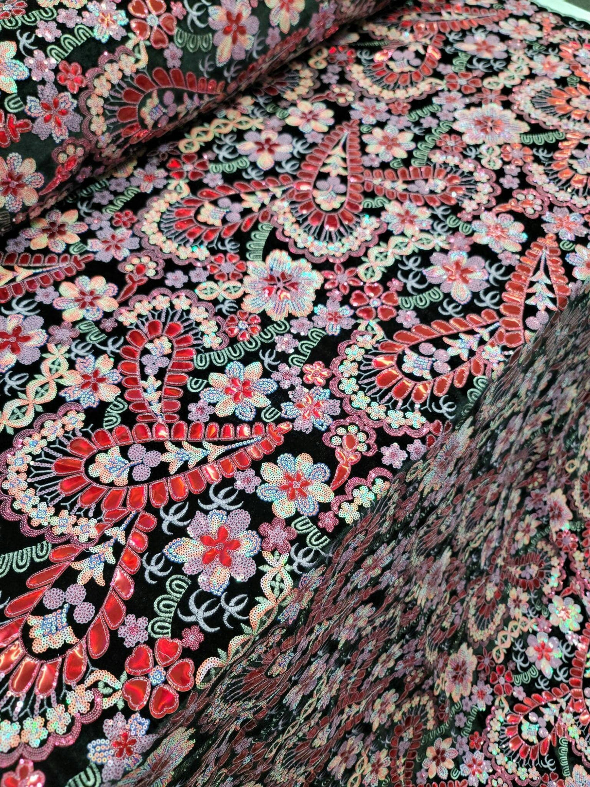 Stretch Velvet Red Iridescent Sequin Floral Fabric