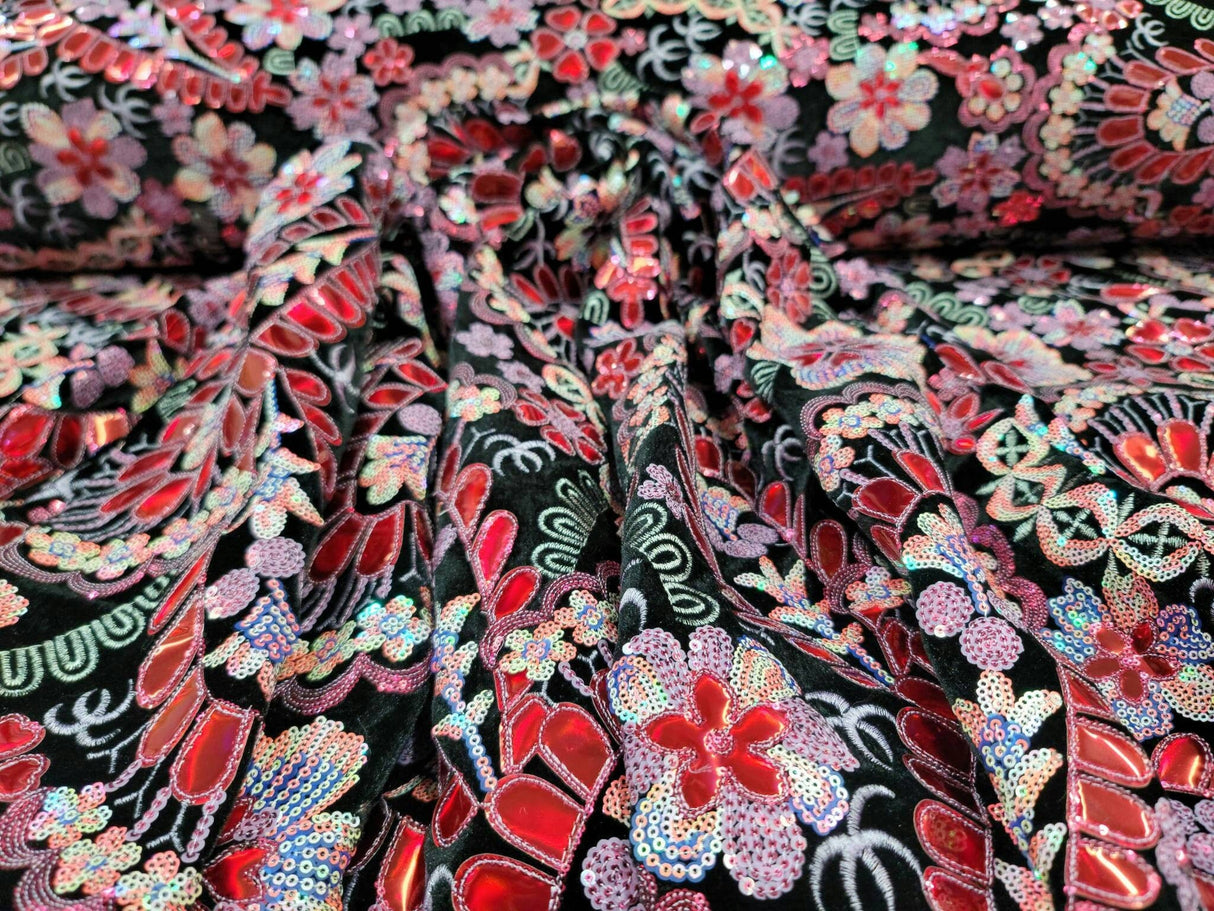 Stretch Velvet Red Iridescent Sequin Floral Fabric