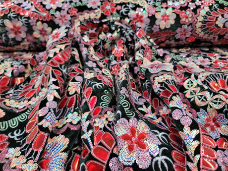 Stretch Velvet Red Iridescent Sequin Floral Fabric