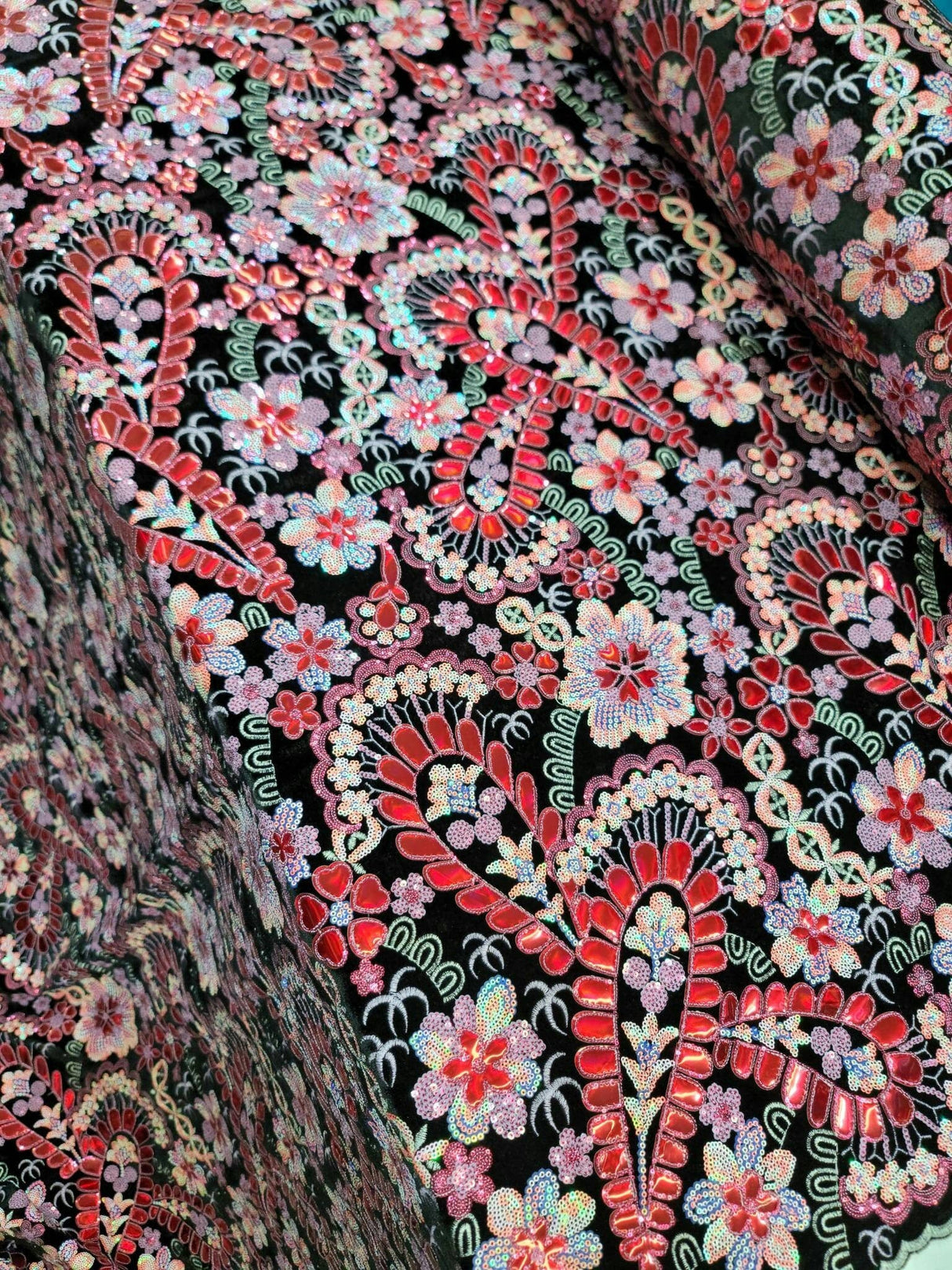 Stretch Velvet Red Iridescent Sequin Floral Fabric