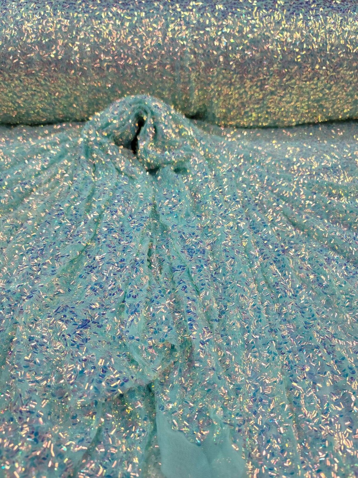 Sequin Iridescent Embroidery 4-Way Stretch Mesh Fabric Mint