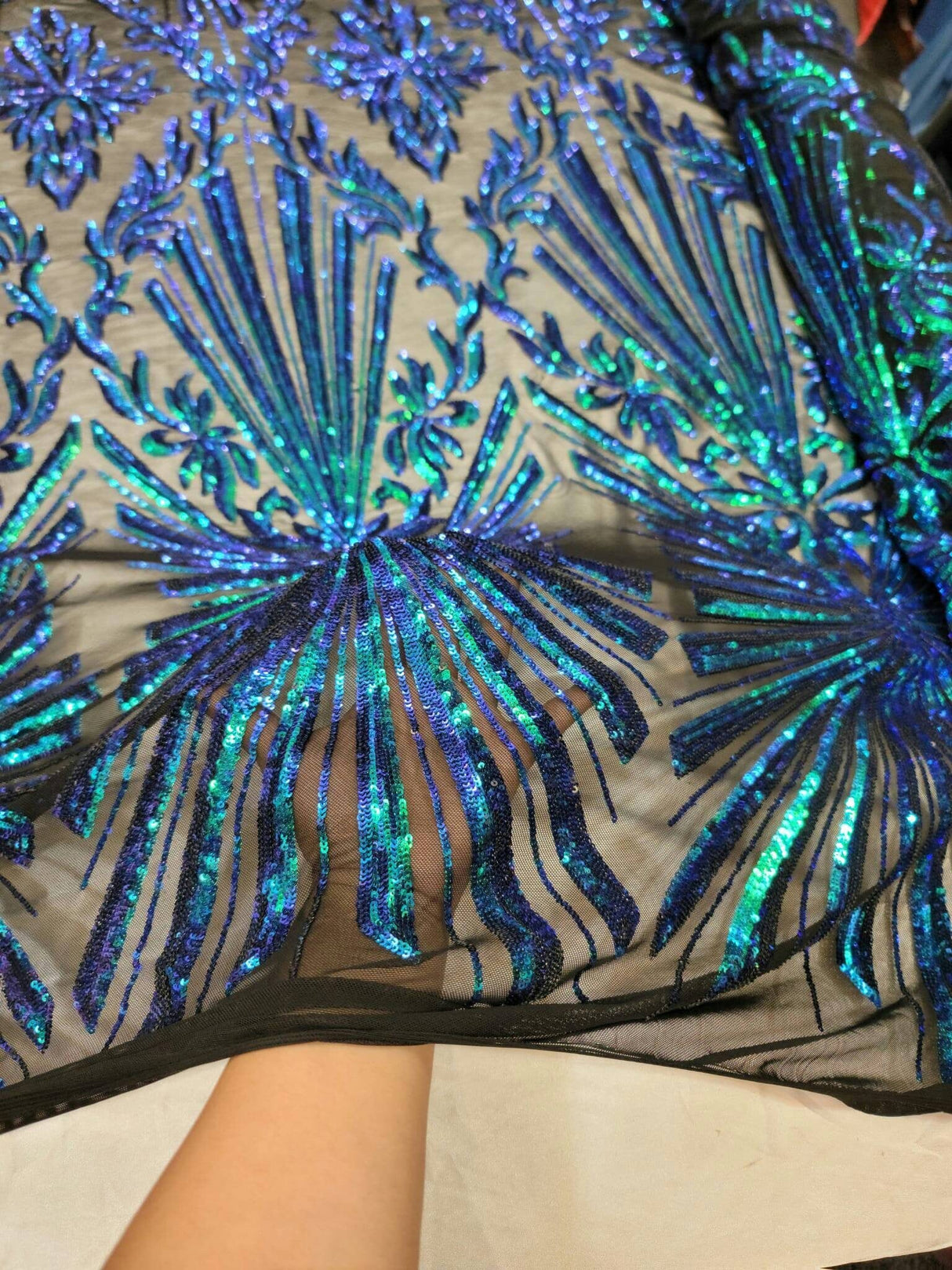 Sequin Lace Fabric Green Peacock Iridescent